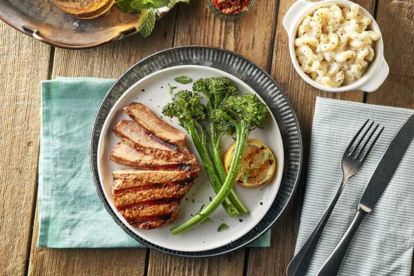 Grilled Smokey Pork Chop Mac & Cheese Plate with Roasted Broccolini